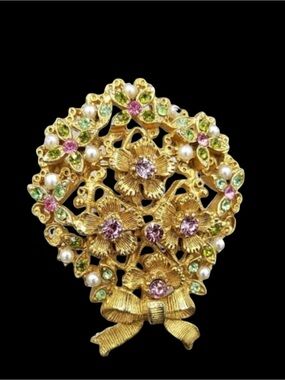 Vintage Florenza Ornate Rhinestone Flower Brooch